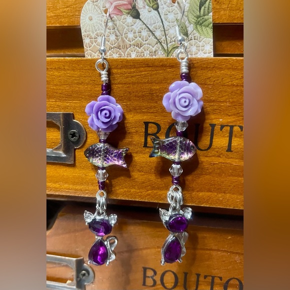 Purple Gem Cats Hand Crafted Earrings - Picture 3 of 8